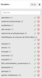 Une partie des filtres de la facette "Discipline"